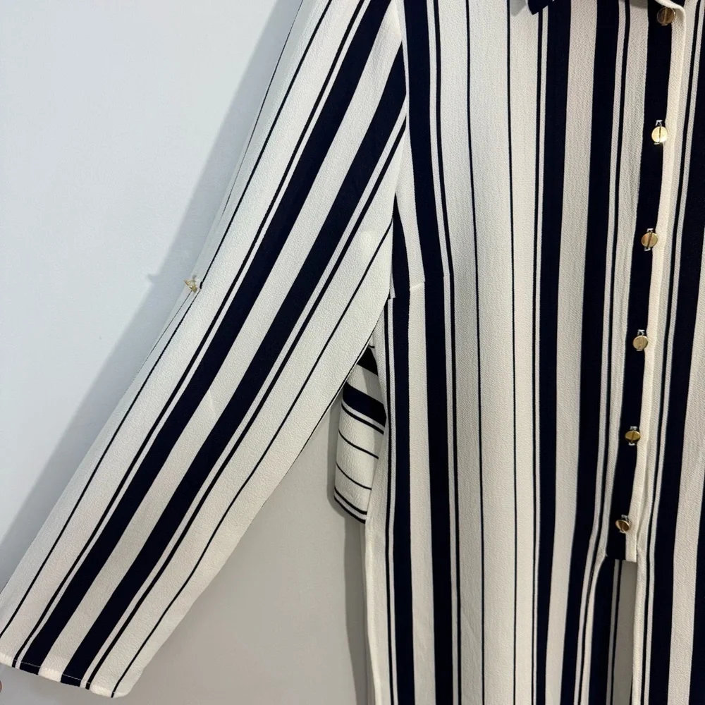 Frank Lyman Longline Striped Blouse Sz 6 White Blue Side Slit Shirt Office EUC - Picture 5 of 10